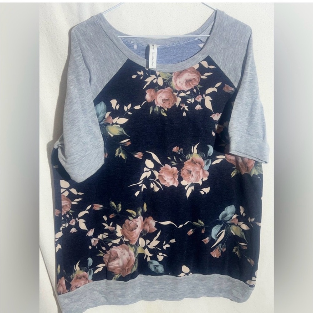 Floral 2X T-Shirt Top Blue - Grey - Flowers